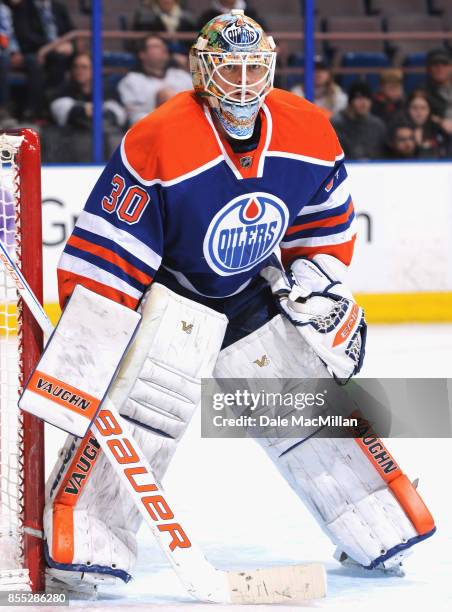 Goaltender Ben Scrivens of the Edmonton Oilers plays in a game against the New York Islanders at Rexall Place on January 4, 2015 in Edmonton,...