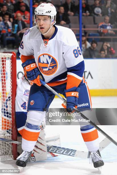 Nikolai Kulemin of the New York Islanders plays in a game against the Edmonton Oilers at Rexall Place on January 4, 2015 in Edmonton, Alberta, Canada.