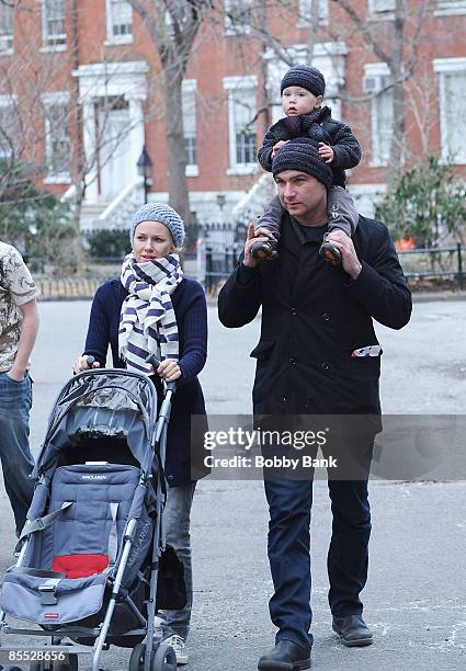 Naomi Watts, Liev Schreiber and son Alexander Schreiber sighting on the streets of Manhattan on March 19, 2009 in New York City.