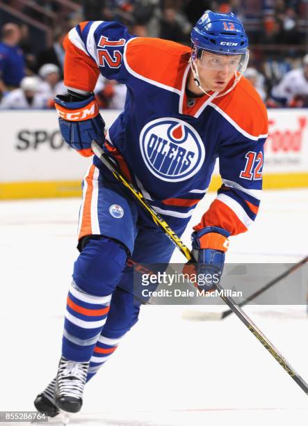 Rob Klinkhammer of the Edmonton Oilers plays in a game against the New York Islanders at Rexall Place on January 4, 2015 in Edmonton, Alberta, Canada.