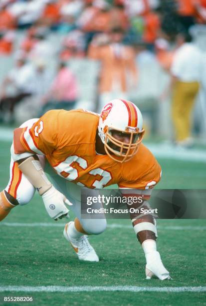 Lee Roy Selmon of the Tampa Bay Buccaneers in action against the Pittsburgh Steelers during an NFL football game November 9, 1980 at Tampa Stadium in...