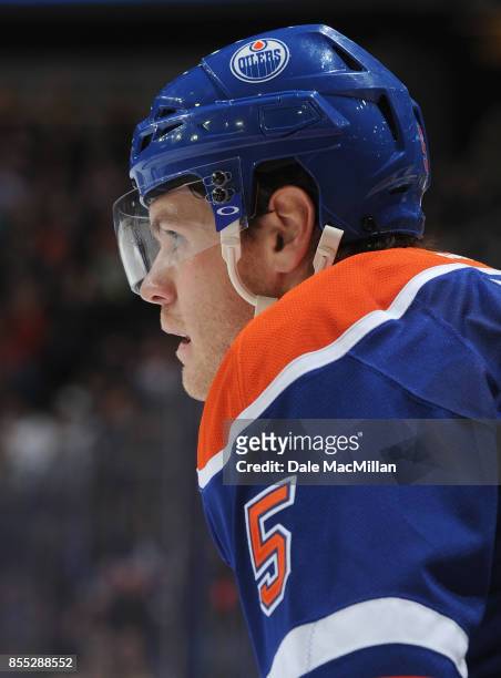 Mark Fayne of the Edmonton Oilers plays in a game against the New York Islanders at Rexall Place on January 4, 2015 in Edmonton, Alberta, Canada.