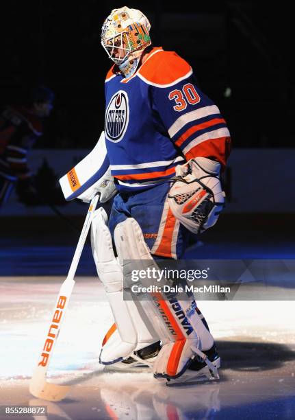 Goaltender Ben Scrivens of the Edmonton Oilers plays in a game against the New York Islanders at Rexall Place on January 4, 2015 in Edmonton,...