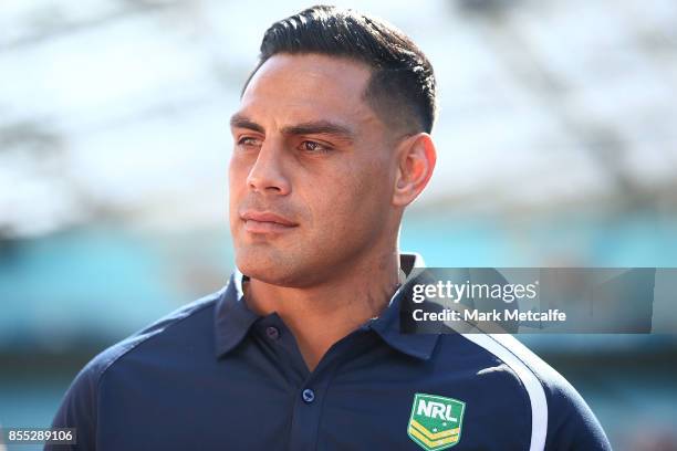 Reni Maitua speaks to media during a NRL Grand Final Media Opportunuty at ANZ Stadium on September 29, 2017 in Sydney, Australia.