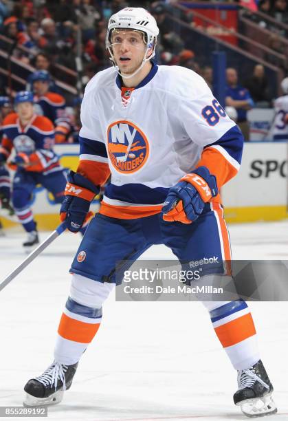 Nikolai Kulemin of the New York Islanders plays in a game against the Edmonton Oilers at Rexall Place on January 4, 2015 in Edmonton, Alberta, Canada.
