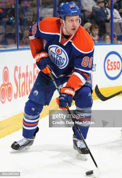 Nikita Nikitin of the Edmonton Oilers plays in a game against the New York Islanders at Rexall Place on January 4, 2015 in Edmonton, Alberta, Canada.