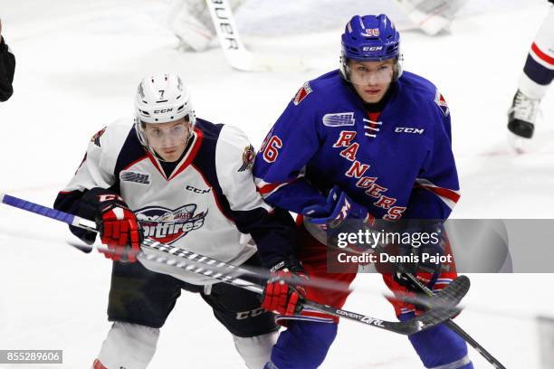 Forward Rickard Hugg of the Kitchener Rangers battles on a faceoff against Forward Tyler Angle of the Windsor Spitfires on September 28, 2017 at the...