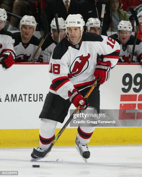 Brendan Shanahan of the New Jersey Devils skates with the puck during a NHL game against the CArolina Hurricanes on March 18, 2009 at RBC Center in...