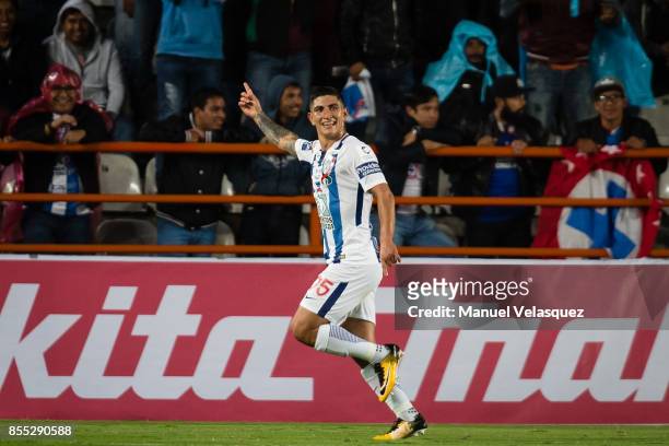 Victor Guzman of Pachuca celebrates after scoring the second goal of his team during the 11th round match between Pachuca and Cruz Azul as part of...
