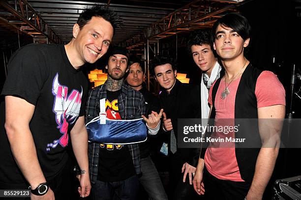 Blink 182 and Jonas Brothers backstage at the 51st Annual GRAMMY Awards at the Staples Center on February 8, 2009 in Los Angeles, California.