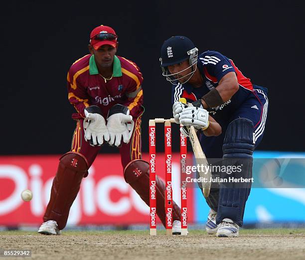 Owais Shah of England bats during the First One Day International match between The West Indies and England at The Providence Cricket Stadium on...