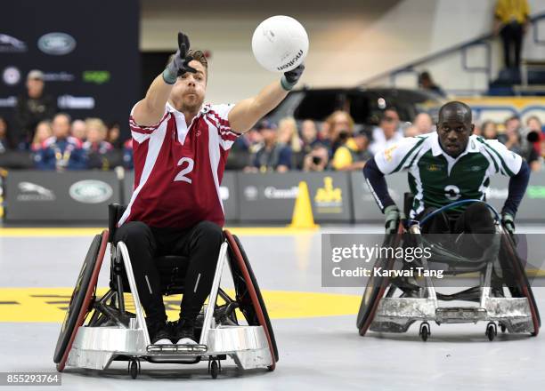 Derek Hough takes part in a Wheelchair Rugby exhibition match during the Invictus Games Toronto 2017 at the Air Canada Arena on September 28, 2017 in...