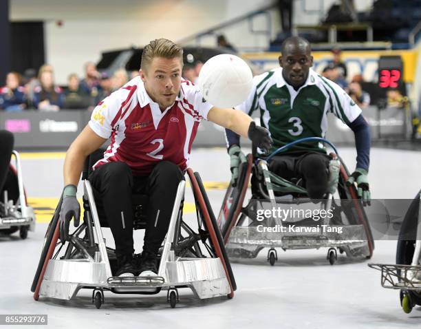 Derek Hough takes part in a Wheelchair Rugby exhibition match during the Invictus Games Toronto 2017 at the Air Canada Arena on September 28, 2017 in...
