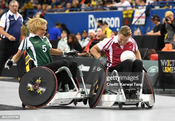 Derek Hough takes part in a Wheelchair Rugby exhibition match during the Invictus Games Toronto 2017 at the Air Canada Arena on September 28, 2017 in...