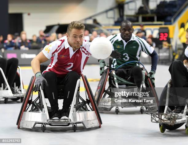 Derek Hough takes part in a Wheelchair Rugby exhibition match during the Invictus Games Toronto 2017 at the Air Canada Arena on September 28, 2017 in...