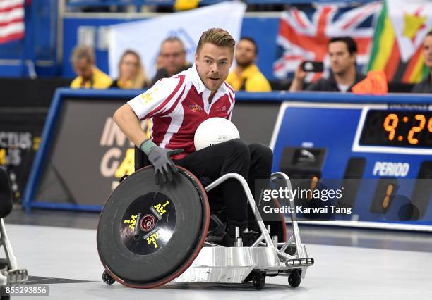 Derek Hough takes part in a Wheelchair Rugby exhibition match during the Invictus Games Toronto 2017 at the Air Canada Arena on September 28, 2017 in...