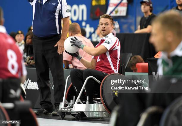 Derek Hough takes part in a Wheelchair Rugby exhibition match during the Invictus Games Toronto 2017 at the Air Canada Arena on September 28, 2017 in...