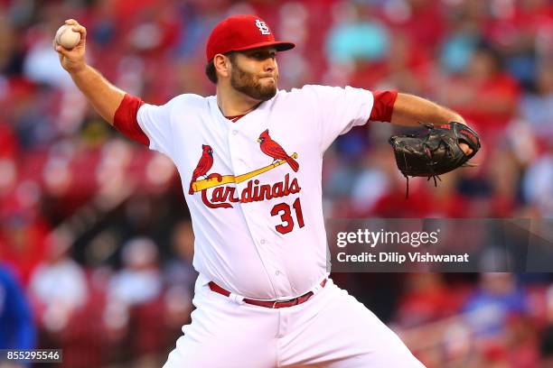 Lance Lynn of the St. Louis Cardinals pitches against the Chicago Cubs in the first inning at Busch Stadium on September 28, 2017 in St. Louis,...