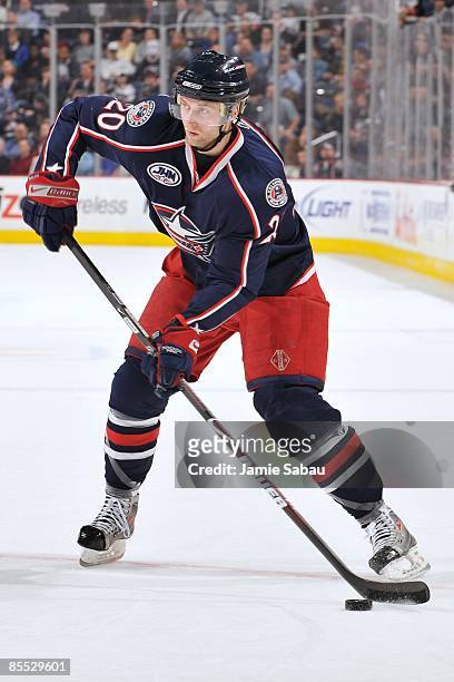 Forward Kristian Huselius of the Columbus Blue Jackets skates with the puck against the Chicago Blackhawks on March 18, 2009 at Nationwide Arena in...
