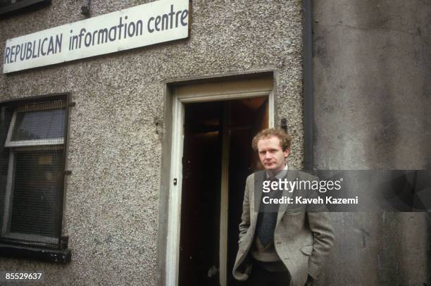 Northern Irish politician Martin McGuinness stands outside the Republican Information Centre in Londonderry, 23th September 1985. An alleged IRA...