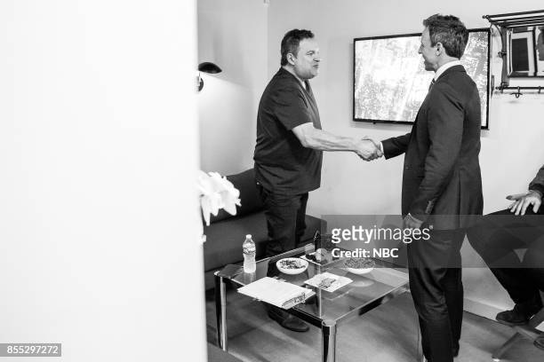 Episode 586 -- Pictured: Actor Jeff Garlin talks with host Seth Meyers backstage on September 28, 2017 --