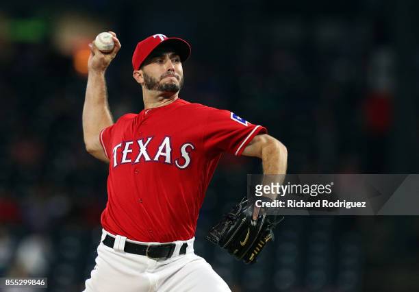 Miguel Gonzalez of the Texas Rangers delivers a pitch against the Oakland Athletics in the first inning of a baseball game at Globe Life Park in...