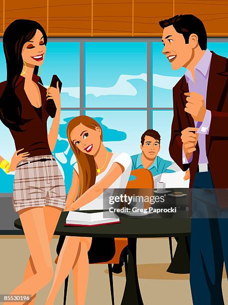 man and woman talking in caf? - head tilt stock illustrations