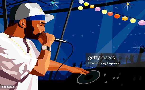 dj spinning records and holding microphone - disco lights stock illustrations