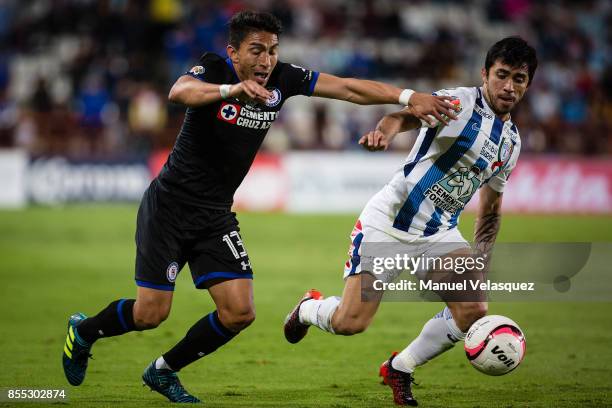Angel Mena of Cruz Azul struggles for the ball against Edson Puch of Pachuca during the 11th round match between Pachuca and Cruz Azul as part of the...