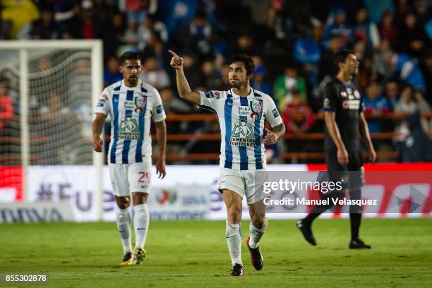 Edson Puch of Pachuca celebrates after scoring his team's first goal during the 11th round match between Pachuca and Cruz Azul as part of the Torneo...