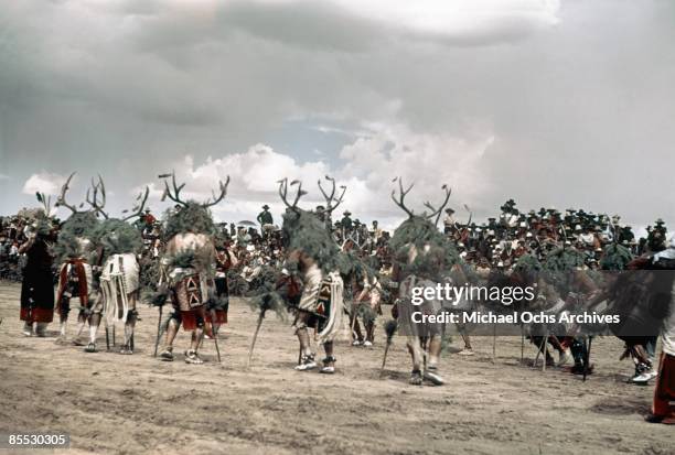 S: Native Americans from an unidentified tribe do a ceremonial dance during the Inter-Tribal Indian Ceremonial circa late 1940's in Gallup, New...