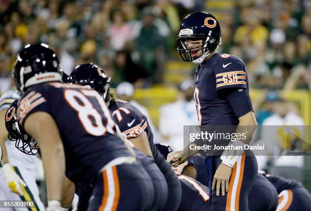 Mike Glennon of the Chicago Bears calls out instructions in the first quarter against the Green Bay Packers at Lambeau Field on September 28, 2017 in...