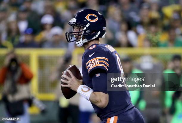 Mike Glennon of the Chicago Bears drops back to pass in the first quarter against the Green Bay Packers at Lambeau Field on September 28, 2017 in...