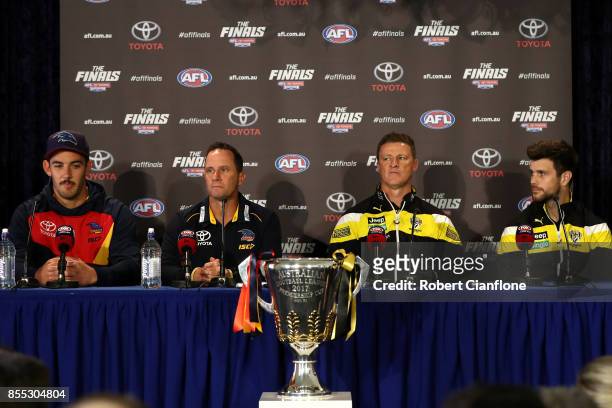 Crows captain Taylor Walker, Crows coach Don Pyke, Tigers coach Damien Hardwick and Tigers captain Trent Cotchin attend the 2017 AFL Grand Final...
