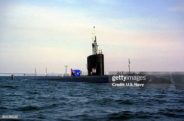 In this handout image provided by the U.S. Navy, the nuclear-powered fast attack submarine USS Hartford is moored off the U.S, Naval Academy in 1999...