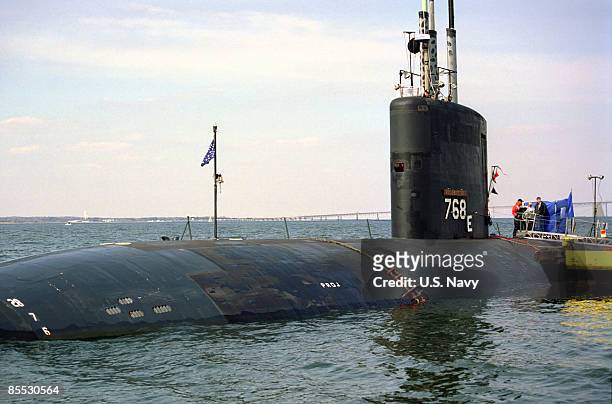 In this handout image provided by the U.S. Navy, the nuclear-powered fast attack submarine USS Hartford is moored off the U.S, Naval Academy in 1999...
