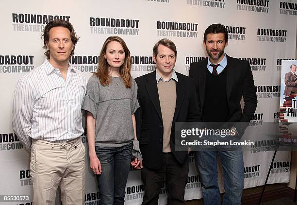 Actors Steven Weber, Anna Madeley, Matthew Broderick, and Jonathan Cake attend a photo call for the Broadway openings of "Waiting For Godot" and "The...