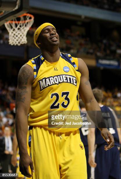 Guard Wesley Matthews of the Marquette Golden Eagles reacts to a call during the game against the Utah State Aggies in the first round of the NCAA...