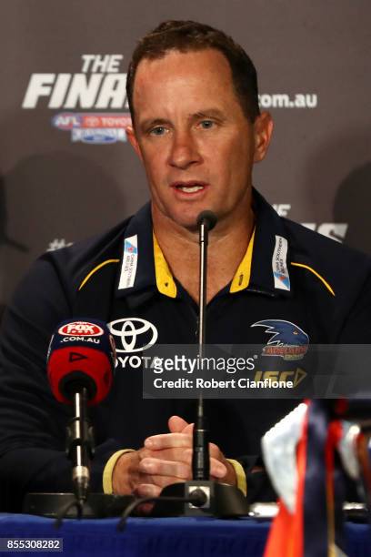 Crows coach Don Pyke talks during the 2017 AFL Grand Final press conference on September 29, 2017 in Melbourne, Australia.