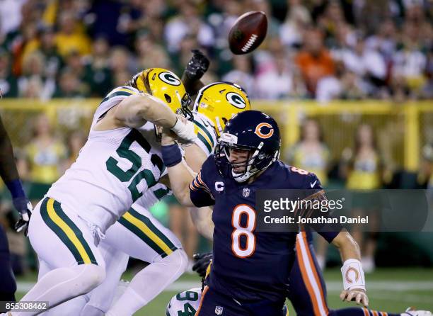 Clay Matthews of the Green Bay Packers sacks Mike Glennon of the Chicago Bears in the first quarter at Lambeau Field on September 28, 2017 in Green...