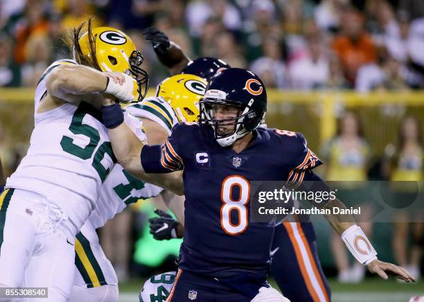 Clay Matthews of the Green Bay Packers sacks Mike Glennon of the Chicago Bears in the first quarter at Lambeau Field on September 28, 2017 in Green...