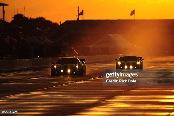 The Risi Competizione Ferrari 430 GT driven by Tracy Krohn of the United States, Nic Jonsson of Sweden, and Eric van de Poele of Belgium during night...