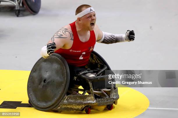 Mark Peters of Denmark celebrates after defeating Team United Kingdom in the Wheelchair Rugby Final Gold match during the Invictus Games 2017 at...