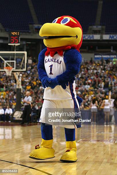 The mascot of the Kansas Jayhawks performs against the North Dakota State Bison during the first round of the NCAA Division I Men's Basketball...
