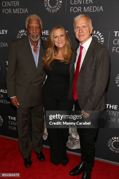 Morgan Freeman, Lori McCreary and James Younger attend The Paley Center Presents "The Story of Us" with Morgan Freeman at The Paley Center for Media...