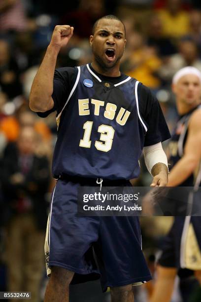 Tommy Hubbard of the East Tennessee State Buccaneers reacts between plays against the Pittsburgh Panthers during the first round of the NCAA Division...