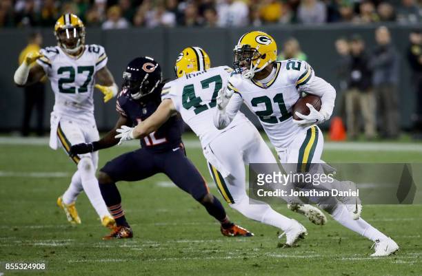Ha Ha Clinton-Dix of the Green Bay Packers runs with the ball after making an interception in the second quarter against the Chicago Bears at Lambeau...