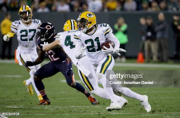 Ha Ha Clinton-Dix of the Green Bay Packers runs with the ball after making an interception in the second quarter against the Chicago Bears at Lambeau...
