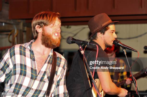 Jon Jameson and Matthew Vasquez of Delta Spirit perform on stage at Cedar St. Courtyard as part of the SXSW 2009 Music Festival on March 19, 2009 in...