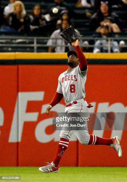Eric Young Jr. #8 of the Los Angeles Angels of Anaheim makes a catch for an out against the Chicago White Sox during the eighth inning at Guaranteed...